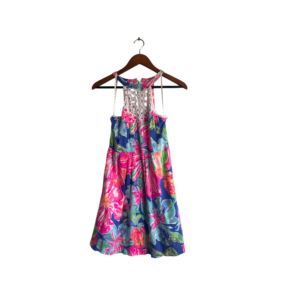 Lilly Pulitzer Women 2 Floral Halter Dress Pink Blue Green Lace Cutout Mini